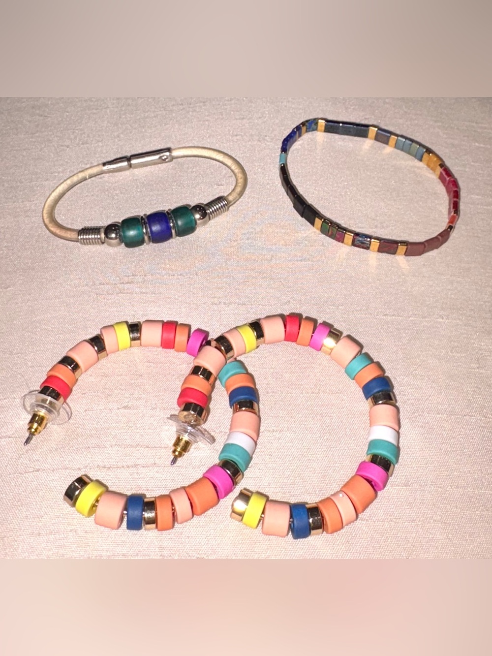 Trio of Multicolor Beaded Hoop Earrings and Two Bracelets
